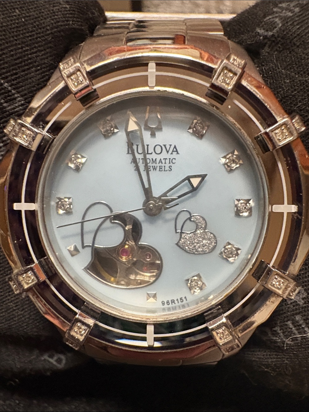 Bulova Silver Bracelet Watch with Light Blue Dial and Heart Open-Heart - Picture 2 of 8